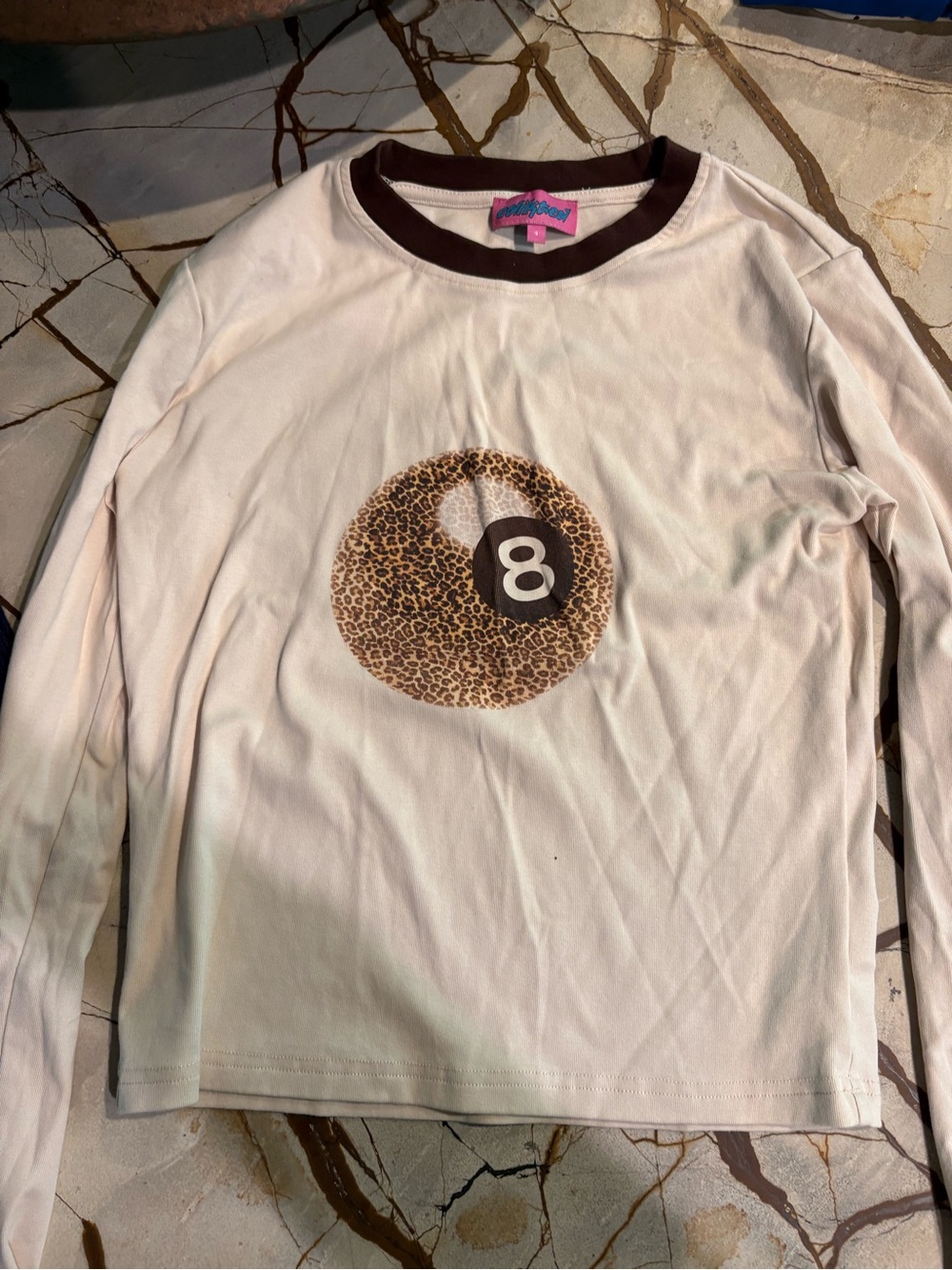 Girls' Cream Long-Sleeve Tee with Leopard 8-Ball Graphic